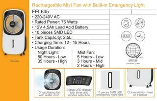 FEL645 RECHARGEABLE MIST FAN WITH BUILT-IN EMERGENCY LIGHT