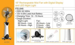 FEL646 16" RECHARGEABLE MIST FAN WITH DIGITAL DISPLAY AND LED NIGHT LIGHT