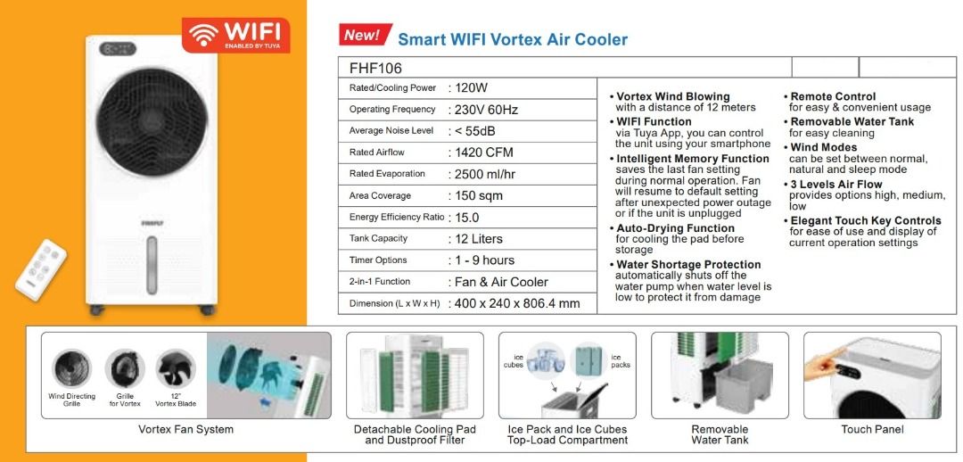 FHF106 SMART WIFI VORTEX AIR COOLER, TV & Home Appliances, Air ...