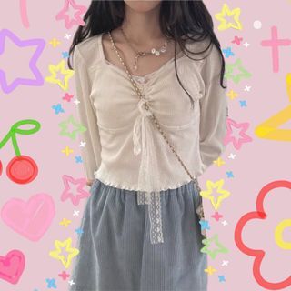 AVAIL in size s&m Heart lace white ribbed long sleeve drawstring top~coquette, dollette, cute, comfy, dainty, girly, kawaii, wonyoung vibes