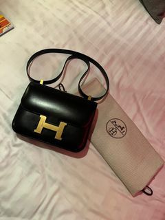 Authentic Hermes 23cm Black Box Leather GHW Constance Handbag