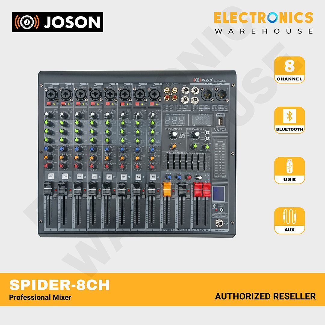 Joson Spider-8ch Professional Mixer, 8-Channel Mixing Console and Aux