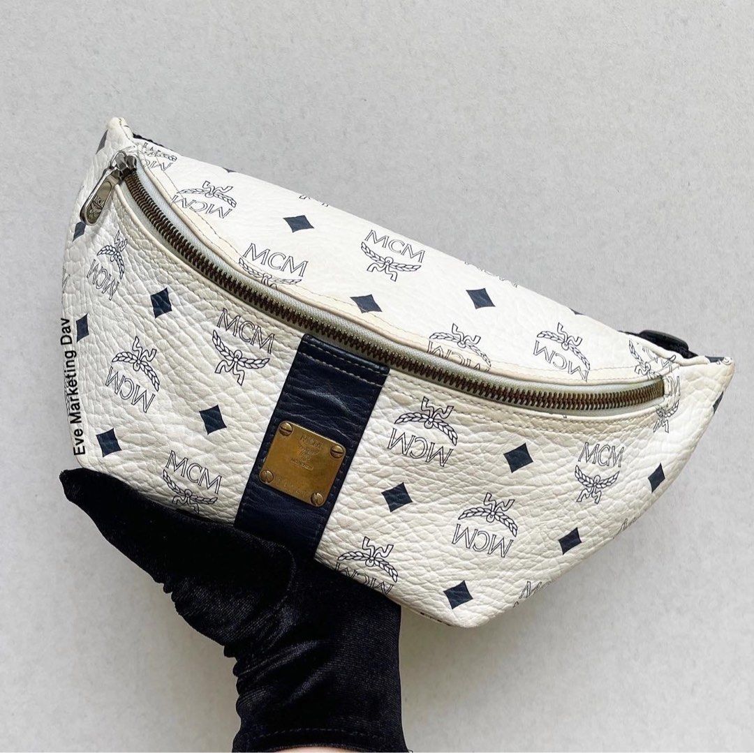 MCM White Navy Visetos Belt Bag