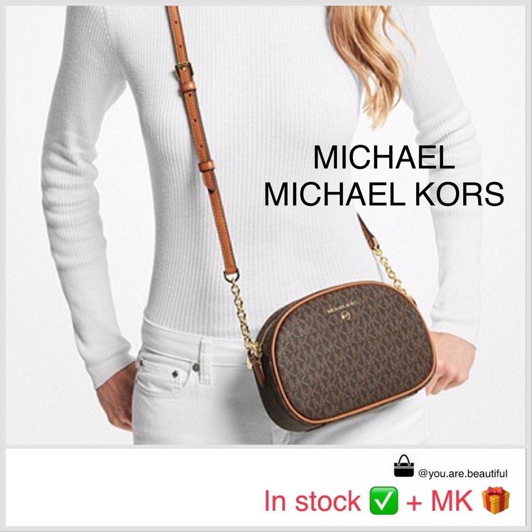Michael Kors Jet Set Charm Cell Phone Crossbody bag canvas Small In Red NWT