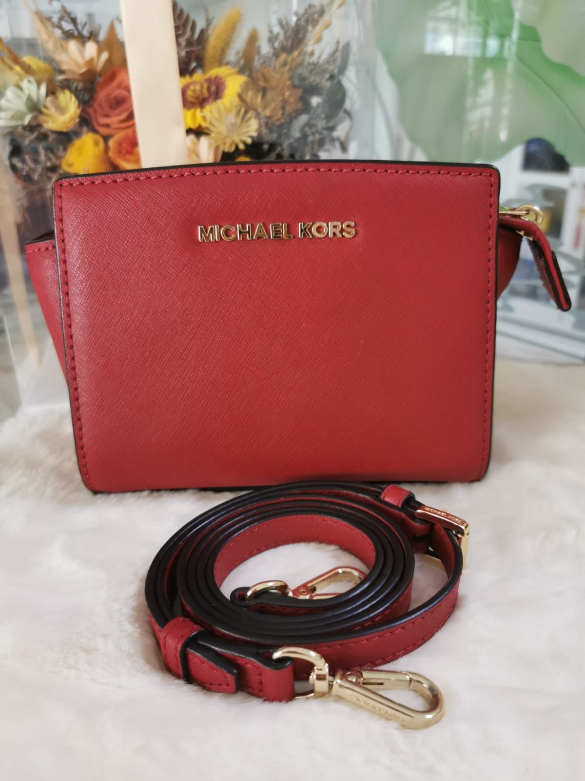 Michael Kors Red Saffiano Leather Mini Selma Crossbody Bag