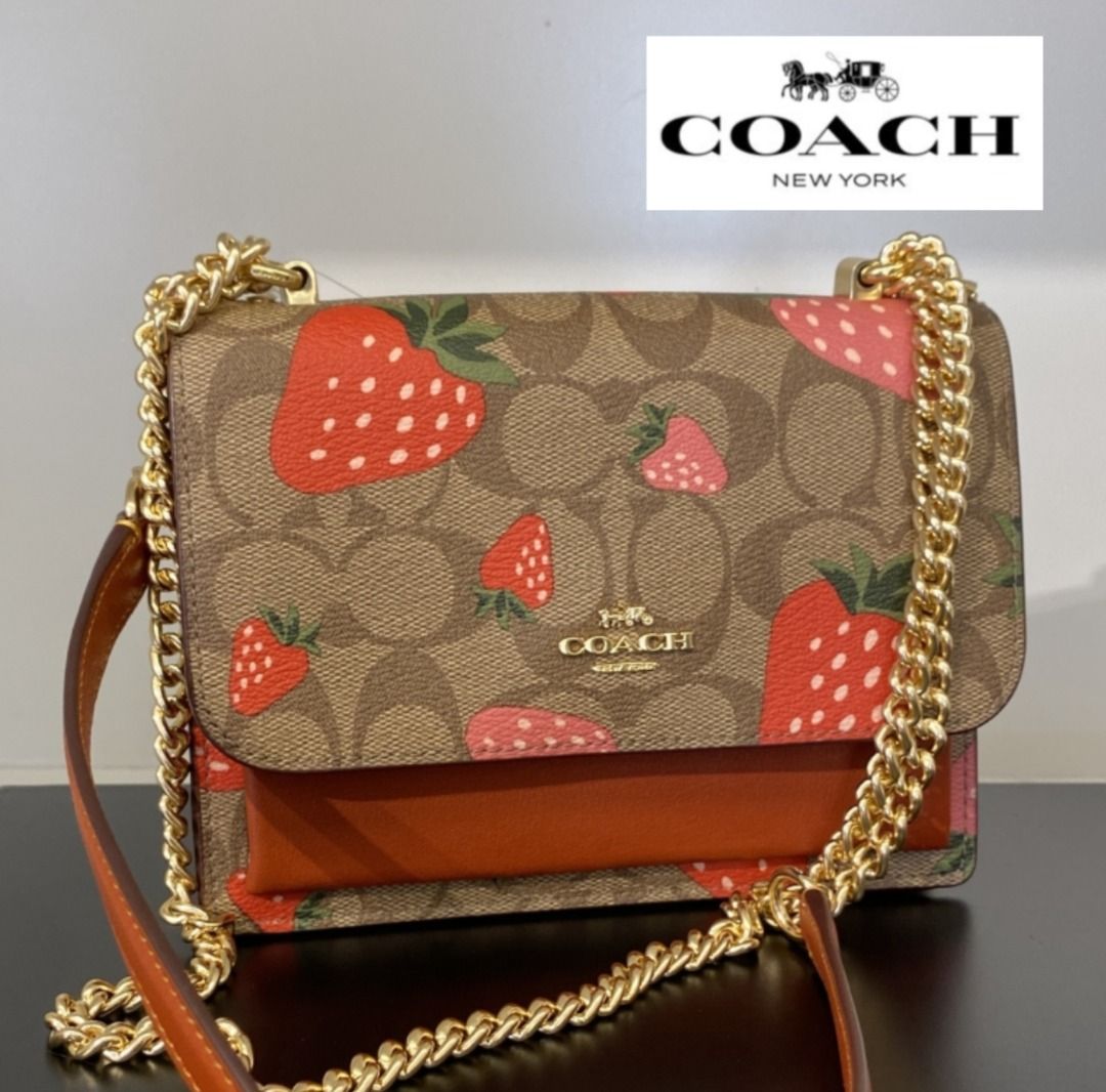 Coach Gold / Red Signature Canvas Mini Klare Strawberry Print Crossbody Bag