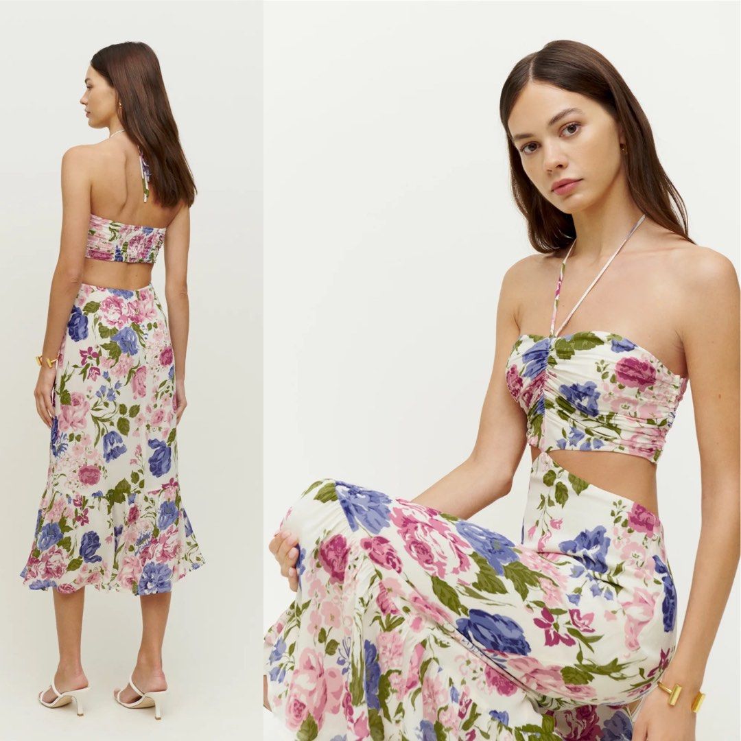 Reformation Riya Halter Cut Out Midi Dress in Black Carmela Blue Donna Women s Fashion Dresses Sets Dresses on Carousell