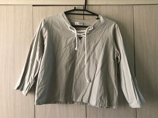 Sage Green Laced V-neck Long Sleeves Blouse