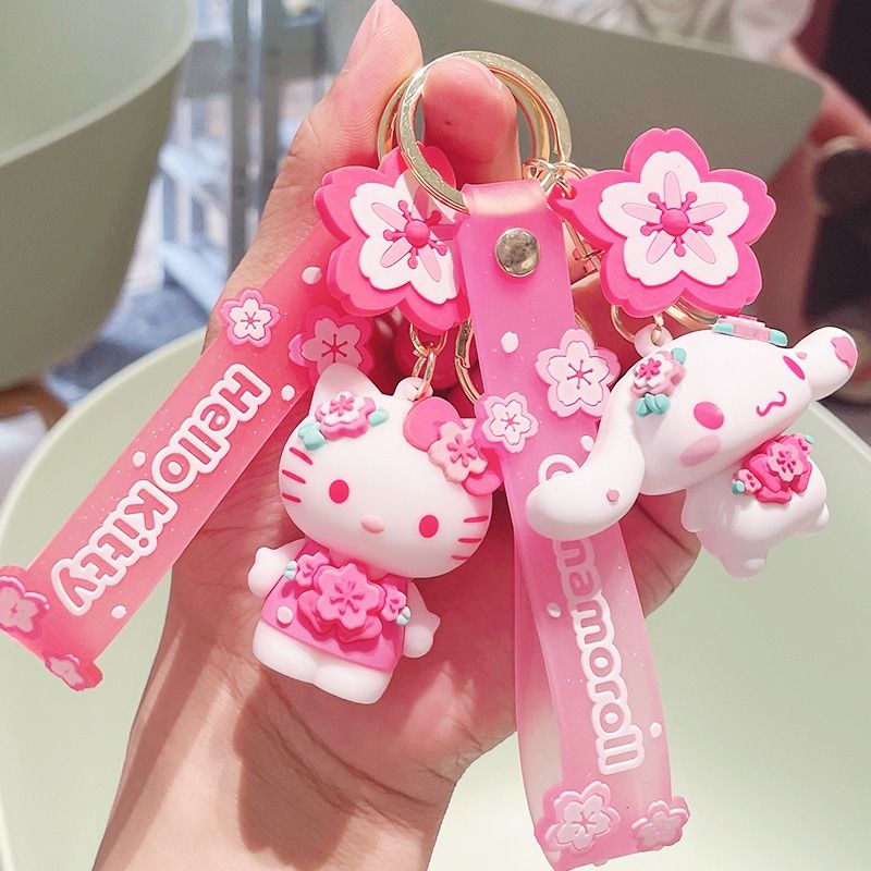 Cute Sanrio Pink Sakura Cherry Blossom Flower Keychain My Melody Hello Kitty Pompompurin Pudding Cinnamoroll Dog