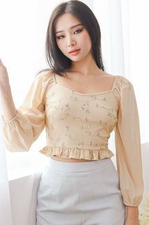 Dear Lyla Lyra Floral Embroidery Mesh Top (Champagne Nude) *Defect