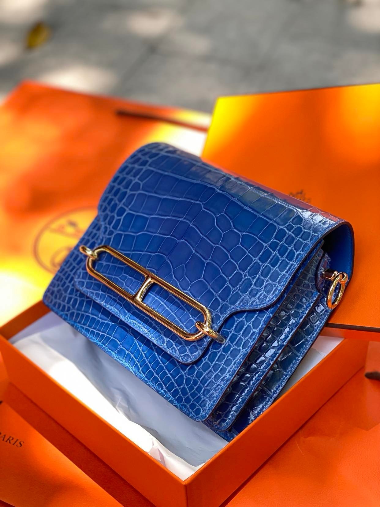 Hermes Roulis Mini Bleu Zellige Croc Ghw, Luxury, Bags & Wallets on ...