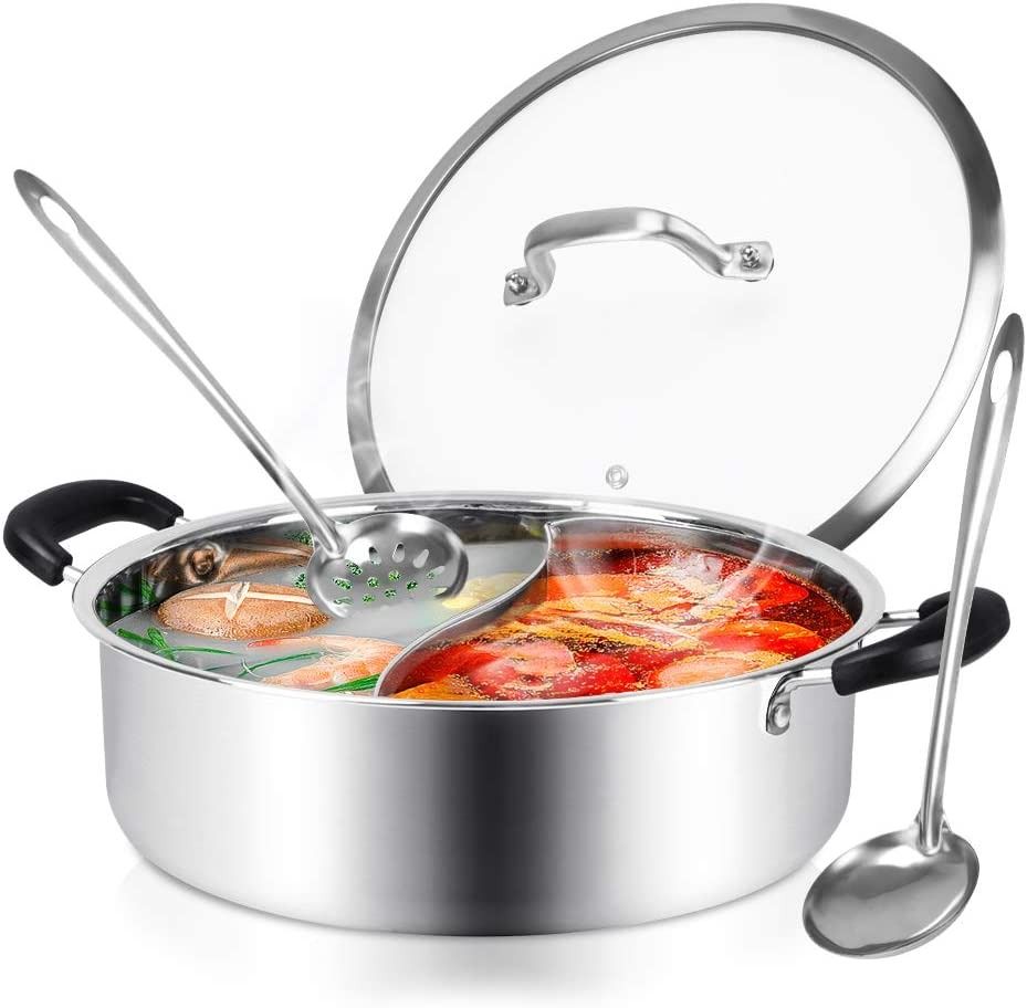 Hot Pot with Divider Shabu Shabu Hot Pots Food Grade Stainless Steel Chinese Dual Sided Pot Set for Induction Cooktop Gas Stove TV Home Appliances Kitchen Appliances BBQ Grills Hotpots