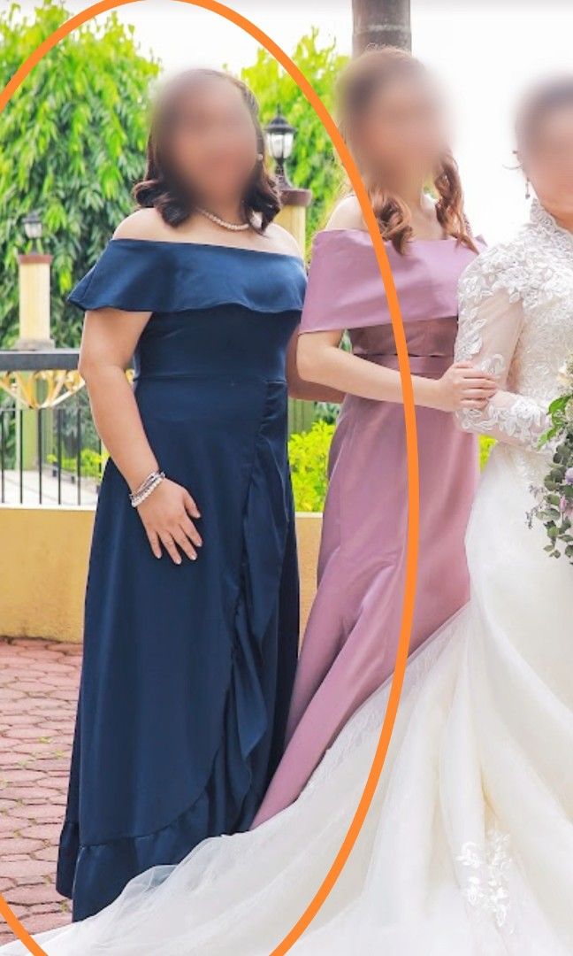 Navy Blue Off Shoulder Gown, Women's Fashion, Dresses & Sets, Evening ...