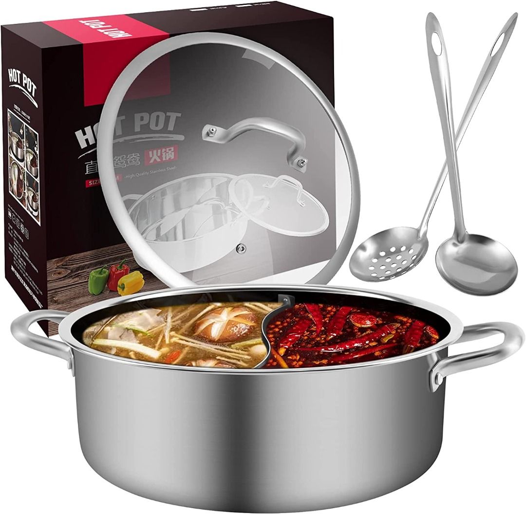 Panghuhu88 11inch Hot Pot with Divider Lid Stainless Steel Shabu Shabu for Induction Cooktop Gas Stove Kitchen Cooker Dual Sided Soup Cookware with 2 Soup Ladles TV Home Appliances Kitchen Appliances