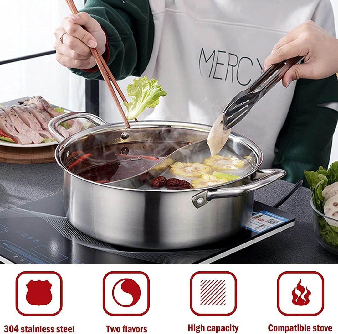 Panghuhu88 11inch Hot Pot with Divider Lid Stainless Steel Shabu Shabu