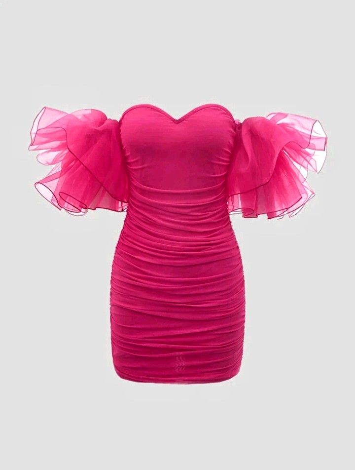 Shein Off Shoulder Ruffle Mesh Pink Bodycon Dress, Women's Fashion, Dresses  & Sets, Dresses on Carousell