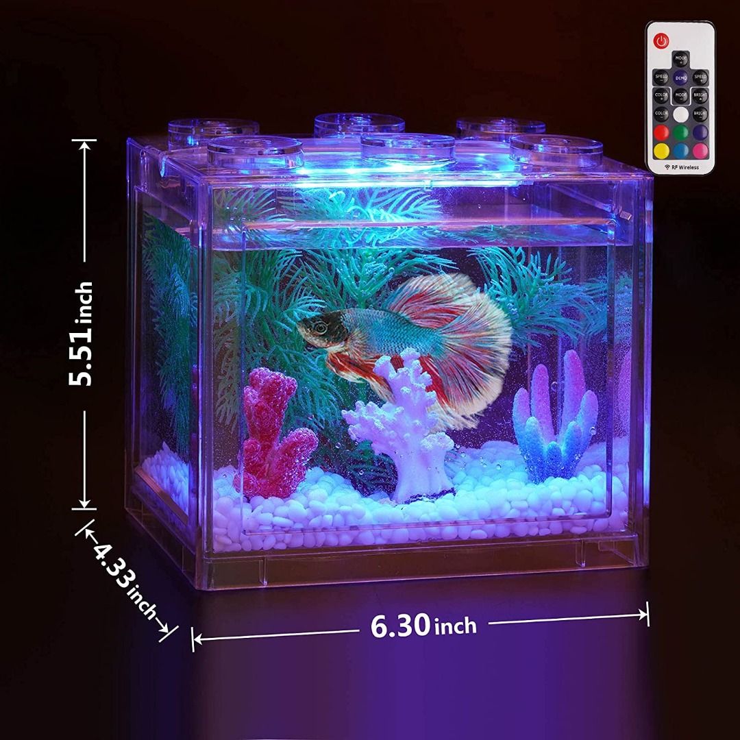 Small Betta Fish Tank, Aquarium Tank Kit with LED Lighting, 3/5