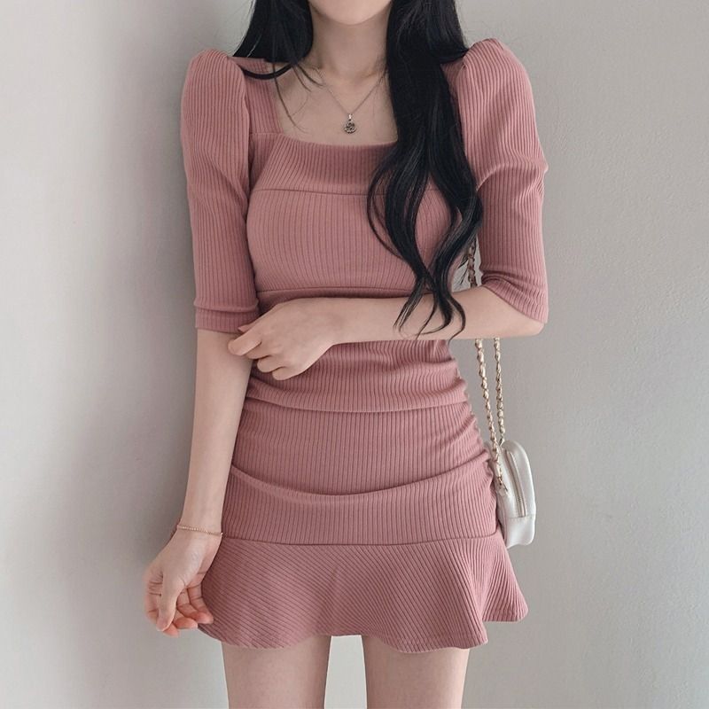 Stylehouse Korean chic summer sweet Square Neck Long Sleeve Slim Fit  Knitted Aline Skater Short Dress, Women's Fashion, Dresses & Sets, Dresses  on Carousell