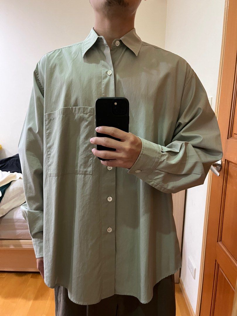 二手) AURALEE / WASHED FINX TWILL BIG SHIRTS 淺綠色3號寬版襯衫寬鬆