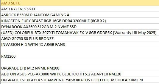 AMD Set E (Category: Desktops) located in Kuala Lumpur. Submitted by xiaolongbbao (Listing ID 1225297716, Image 1). Description: AMD RYZEN 5 5600 ASROCK B550M PHANTOM GAMING 4 KINGSTON FURY BEAST RGB 16GB DDR4 3200MHZ (8GB X2) DYNABOOK AX3600 512GB M.2 NVME SSD (USED) COLORFUL RTX 3070 TI TOMAHAWK EX-V 8GB GDDR6X (Warranty till May 2025) AIGO GP750 80 PLUS BRONZE INVASION H-1 WITH 4X ARGB FANS RM3200 UPGRADE 1TB M.2 NVME RM100 ADD ON ASUS PCE-AX3
