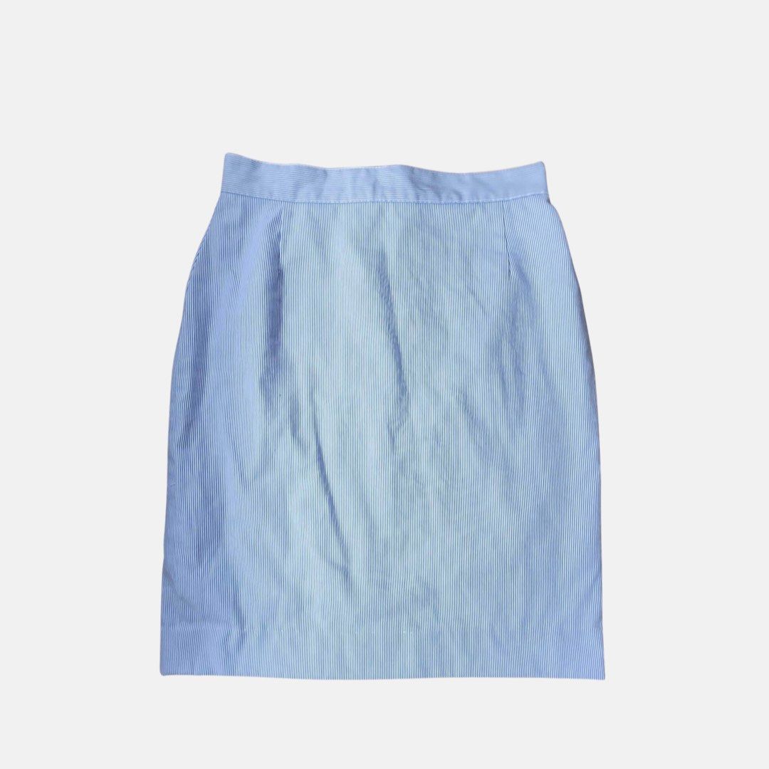 Blue Stripe Straight Office Skirt (Category: Skirts) located in Marikina City. Submitted by bodegadiaries (Listing ID 1225223159, Image 1). Description: Info: - FREE with purchase of other listings 350 and up (just indicate in chat to claim!) - see last pics for dimes - has two small stains, has holes in lining but could be removed and still wearable MOP: - BPI / GCash Courier: - Gogoexpress / J&T / Lalamove - Shipping fee c/o Buyer PS: - Clothes