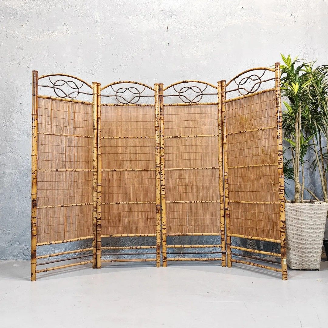 Boho tiger bamboo vintage folding room divider screen, 4panel This is