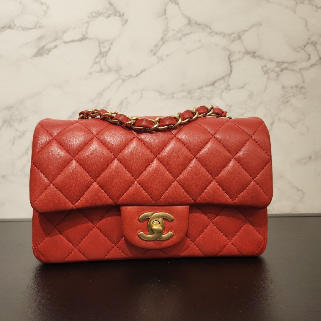 Chanel Mini Rectangle Flap Bag Red Lambskin with Gold Hardware, Luxury,  Bags & Wallets on Carousell