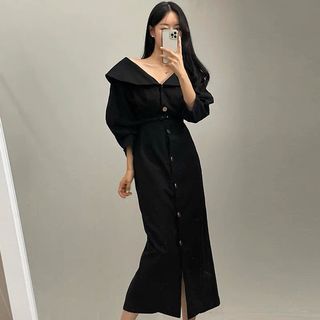 韓版Chic 赫本風 法式氣質大翻領金釦繫帶收腰顯瘦泡泡袖連身長裙 連身裙
