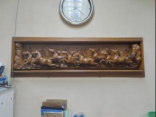 Eight Horses Running Wall Mounted Wooden Sculpture