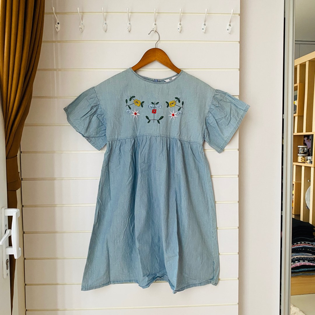 Embroidery Denim Dress, Fesyen Wanita, Pakaian Wanita, Gaun & Rok di