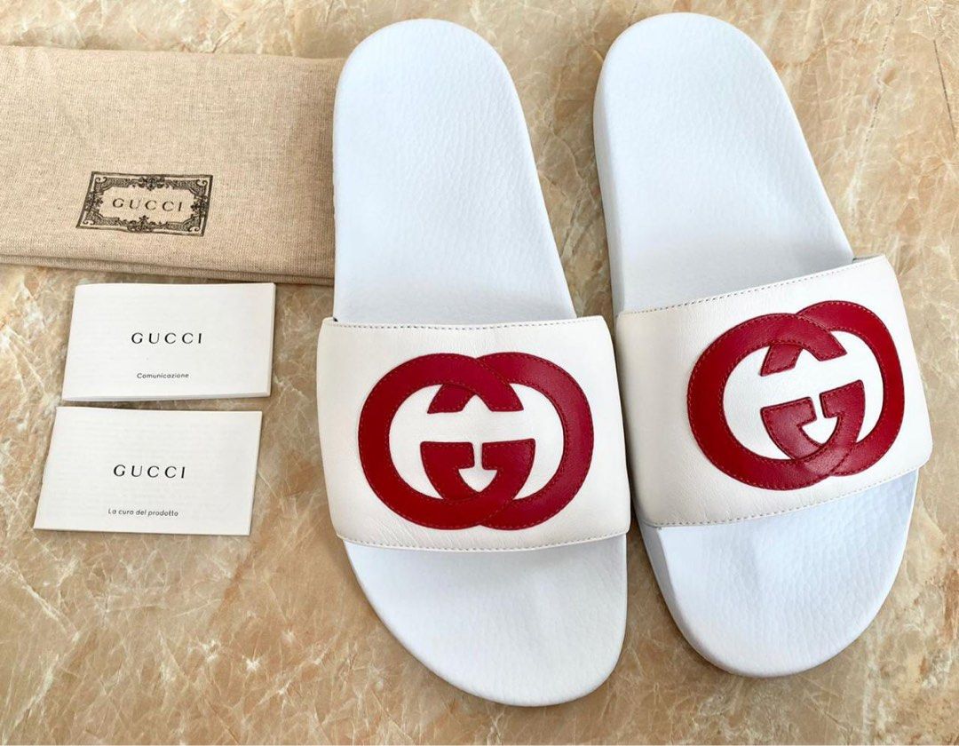 FAST SALE GUCCI Pursuit Slides White Red Leather GG Logo Flip Flop  Sandal,Lengkap Size 11 Bisa Untuk Size 42 43😍)