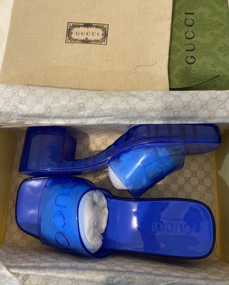 Gucci embossed logo transparent blue slide sandals on hand SALE on