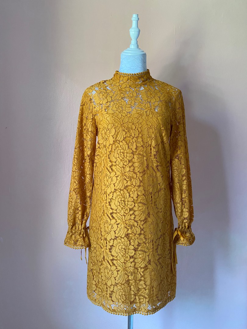Hu0026M yellow mustard lacey dress, Women's Fashion, Dresses u0026 Sets, Dresses on  Carousell