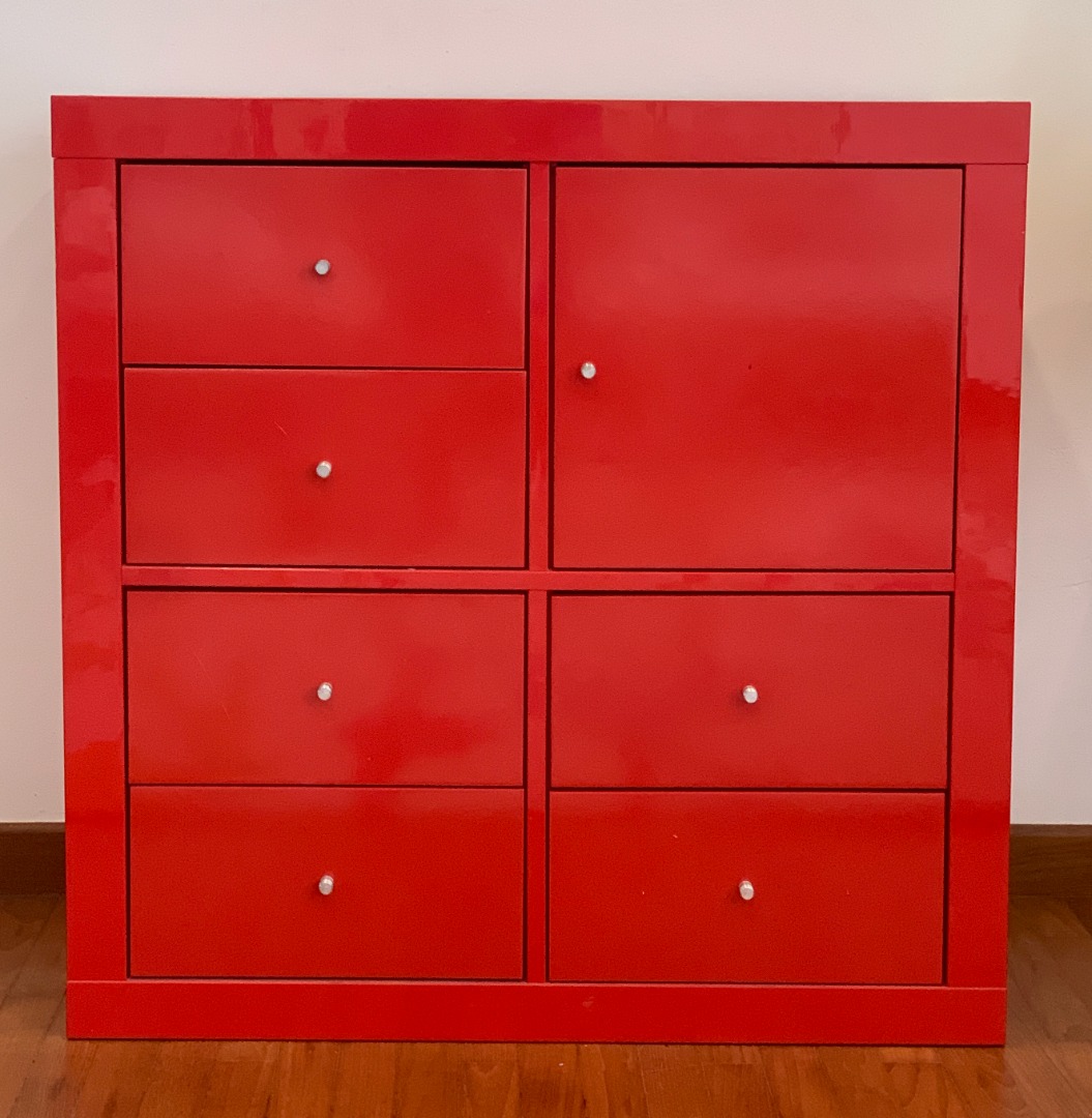 IKEA Kallax 2x2 shelving RED, with drawers and door, Furniture & Home