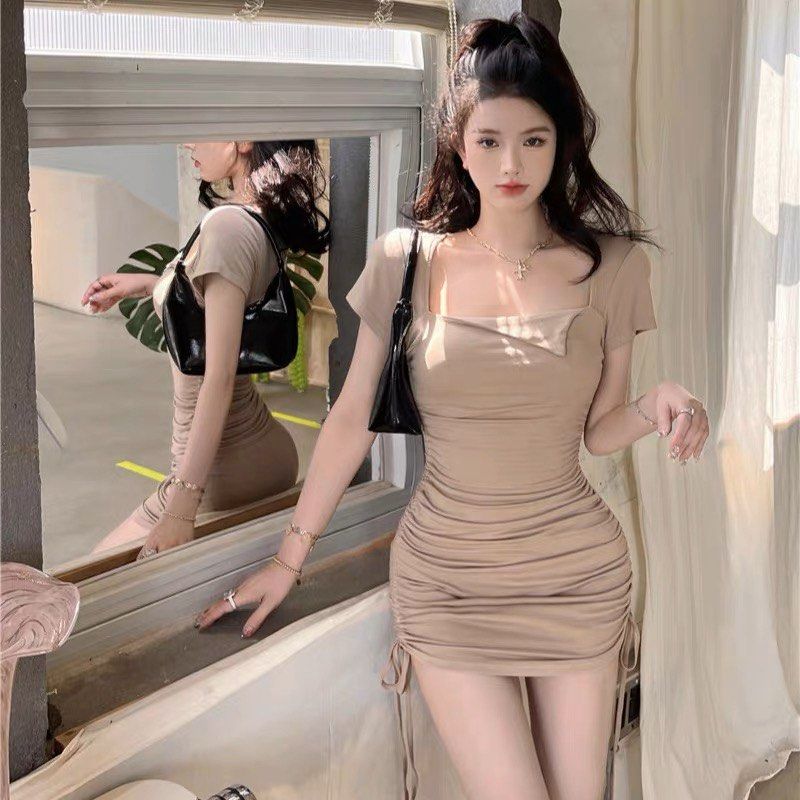 Korean version of online popular skirt square neck drawcord slim sexy fashion short sleeve dress