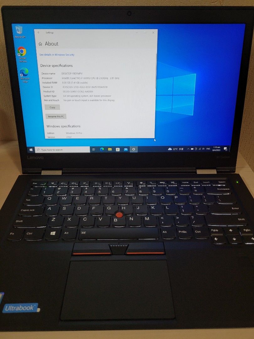 Lenovo Thinkpad X1 Carbon Gen 4, 14" IPS screen i7-6600 8G Ram 240GB ...