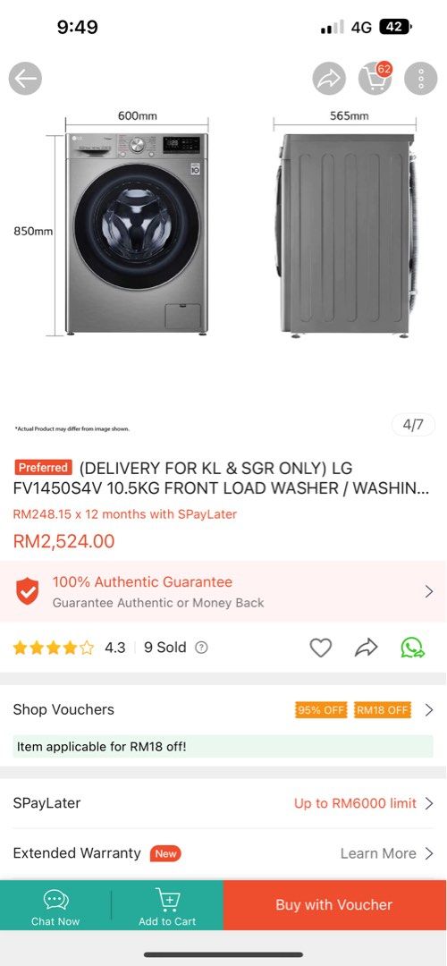 LG Front Load 10.5kg washer with Extend warranty, TV & Home Appliances