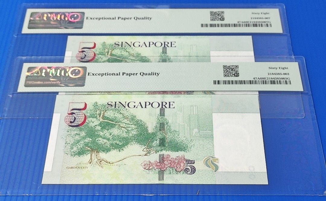 母钱 LHL [368299] 68EPQ 2x Identical $5 Paper Portrait World/Singapore  currency notes collection 李显龙签名 | 五元纸钞 | 两张同号 | PMG 68 EPQ 真钻级未流通品相 |  [368299] 升路发易久久! 全程无 0,1,4,7！ 超高分+同号+美号+母钱！, Hobbies & Toys,