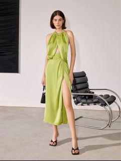 Lime Green Satin Halter Cutout Midi Dress w/ Slit S