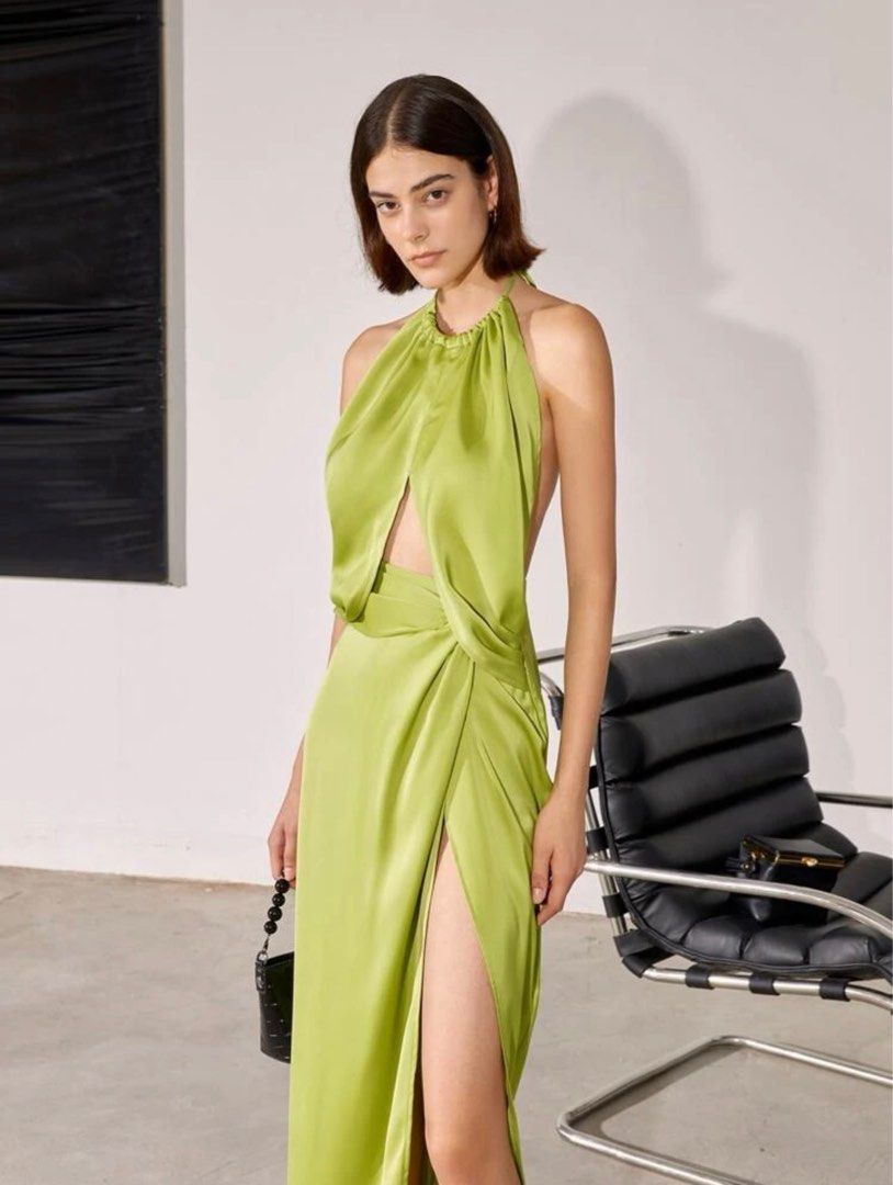 slim fit dress slacks Asymmetric Cut-Out Halterneck Midaxi Dress in Lime Green