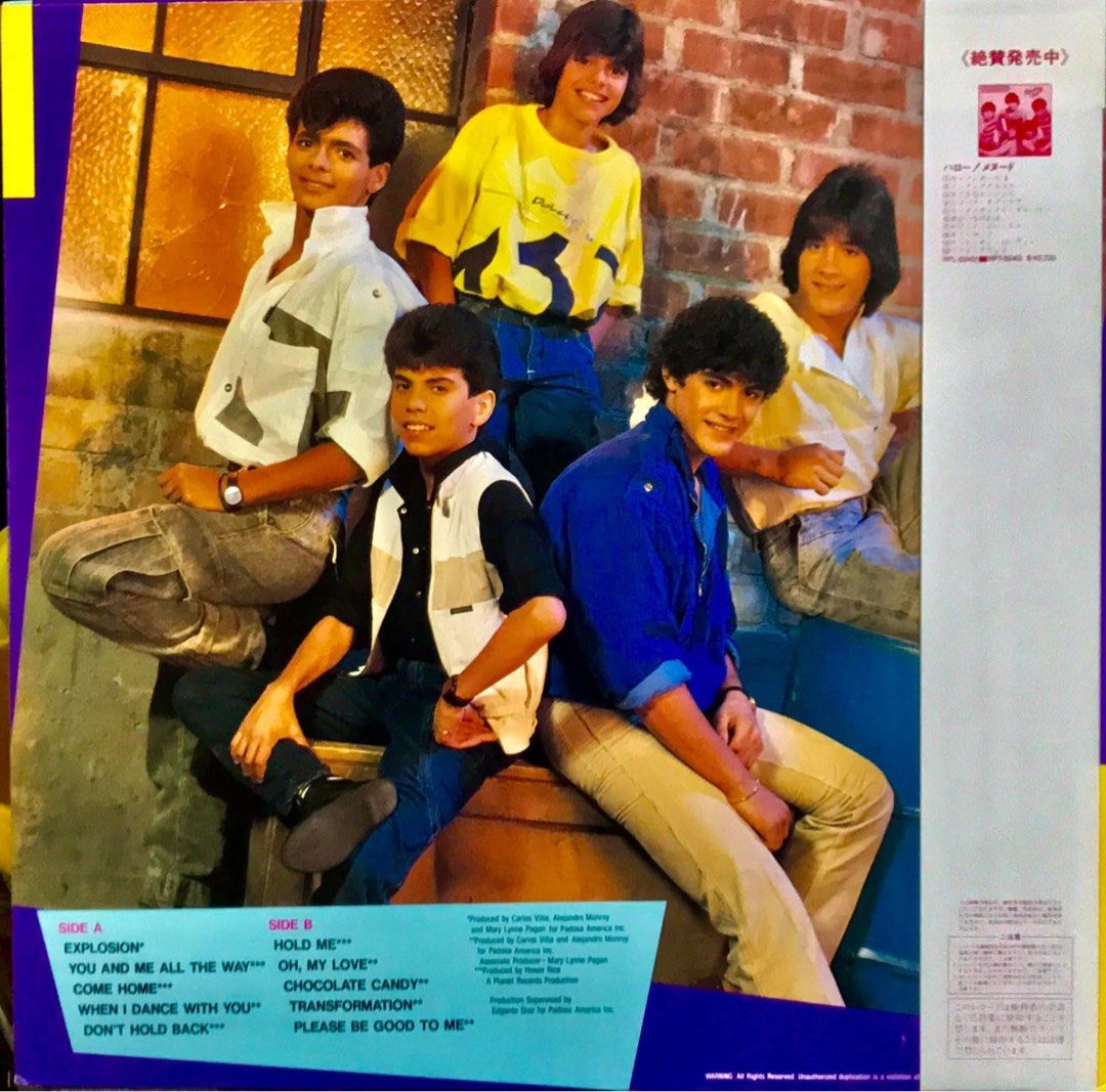 MENUDO - EXPLOSION LP JAPAN OBI EXCELLENT COPY (Category: Vinyls) located in Caloocan City. Submitted by vinyl_filipinas (Listing ID 1225110439, Image 2). Description: MENUDO - EXPLOSION LP Genre: Pop / Dance / Ballads / Latin Pop Year: 1985 Catalog # RPL - 8286 Label: RCA Victor Side One: 1. Hold Me - 4:17 2. You And Me All The Way - 3:57 3. Come Home - 3:39 4. When I Dance With You - 3:39 5. Don’t Hold Back - 3:24 Side Two: 1. Explosion - 3:54 
