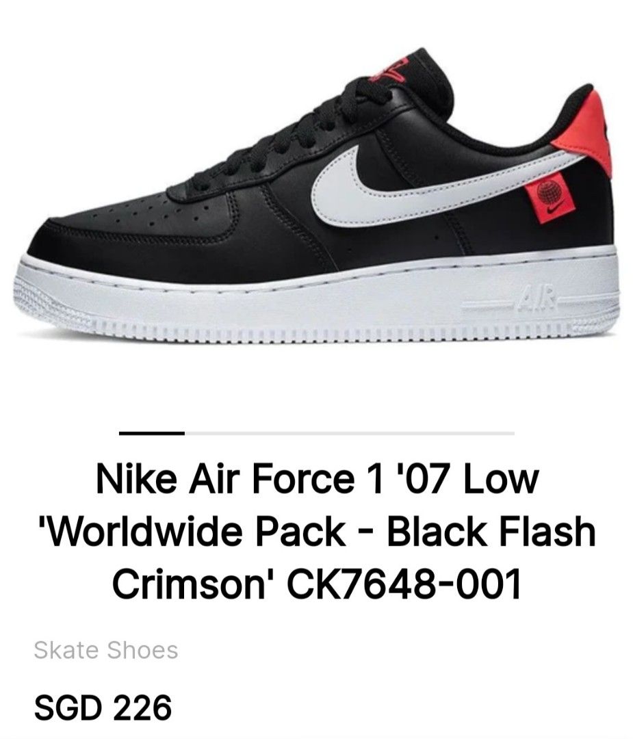 Nike Air Force 1 07 Low Worldwide Pack Men’s Size 11 Black Crimson  CK7648-001
