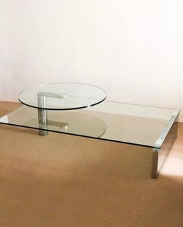 Postmodern coffee table: two-tiered swing out glass and mirrored chrome