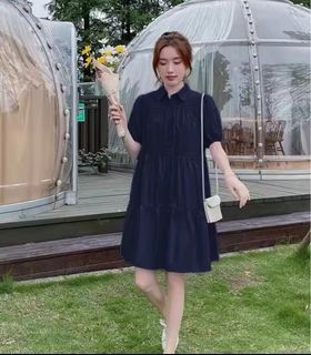 Puff Sleeve Mini Polo Dress in Black