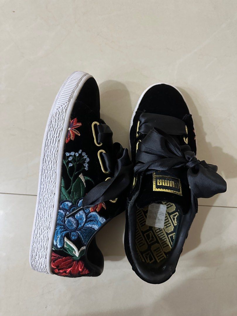 PUMA basket heart hyper embroidery floral black velvet ribbon tied laces platform sneakers shoes