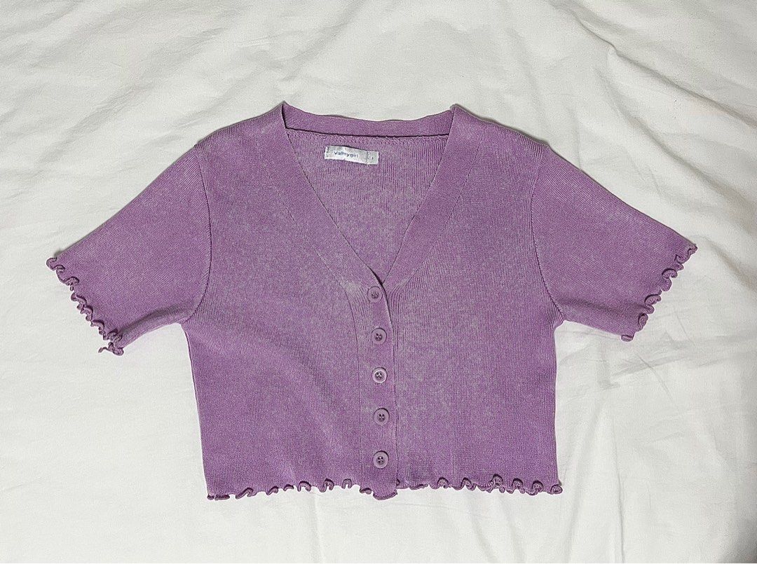 purple v neck cropped shirt cardigan Women s Fashion Tops