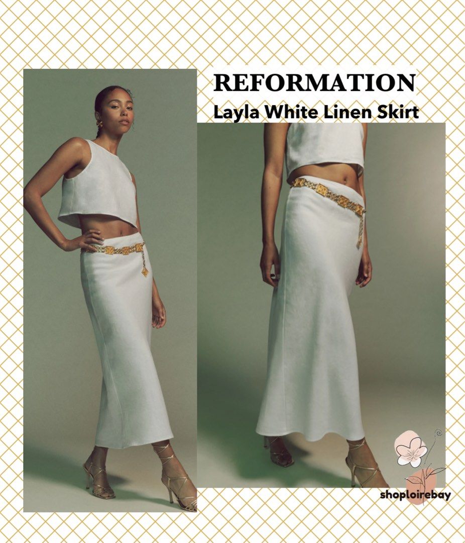 XS S M Reformation Layla white linen midi skirt Women s Fashion Bottoms Skirts on Carousell