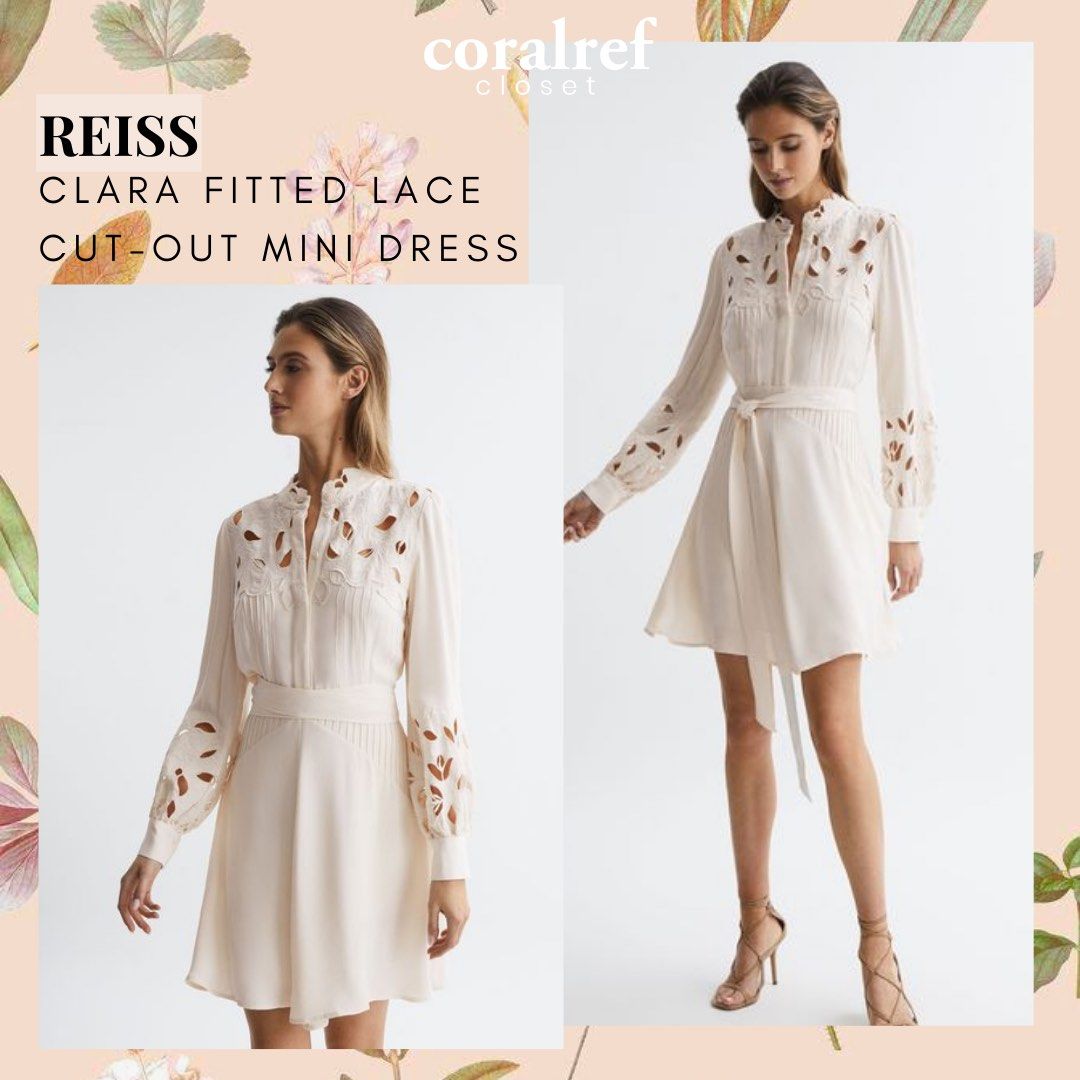 Reiss Clara Fitted Lace Cut Out Mini Dress in Beige Nude