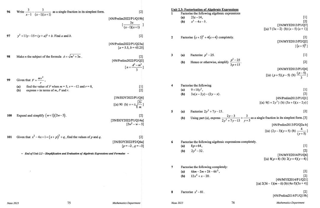 2023 Sec 4 NA NT Math Topical Revision / N Level Normal Academic Normal ...
