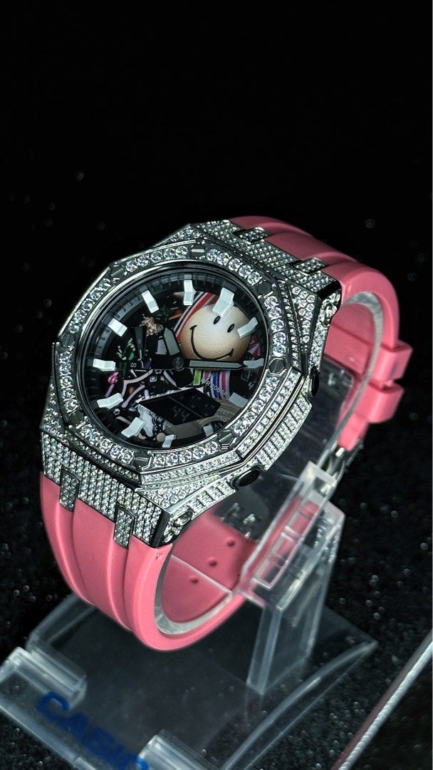 G SHOCK GA 2100 in stainless steel bezel with full crystals custom Happy Face facedial and pink rubber strap GA 2100 GA2100 G SHOCK